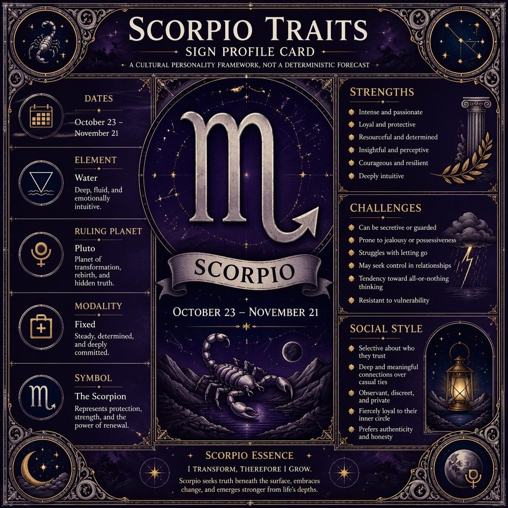 Vintage-style Scorpio Traits infographic with Scorpio glyph, dates, element, ruling planet, traits, and celestial border.