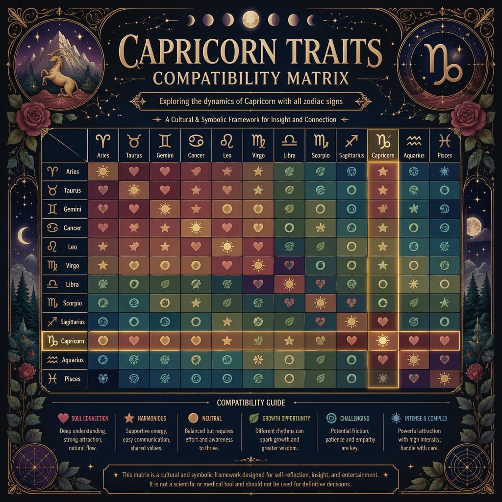 Capricorn zodiac compatibility matrix infographic with 12x12 heatmap, celestial motifs, zodiac glyphs, and blue gold accents