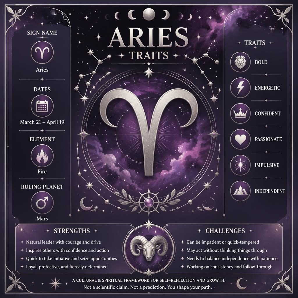 Pastel Aries traits infographic with large Aries glyph, silver constellations, moon phases, and structured zodiac profile details.