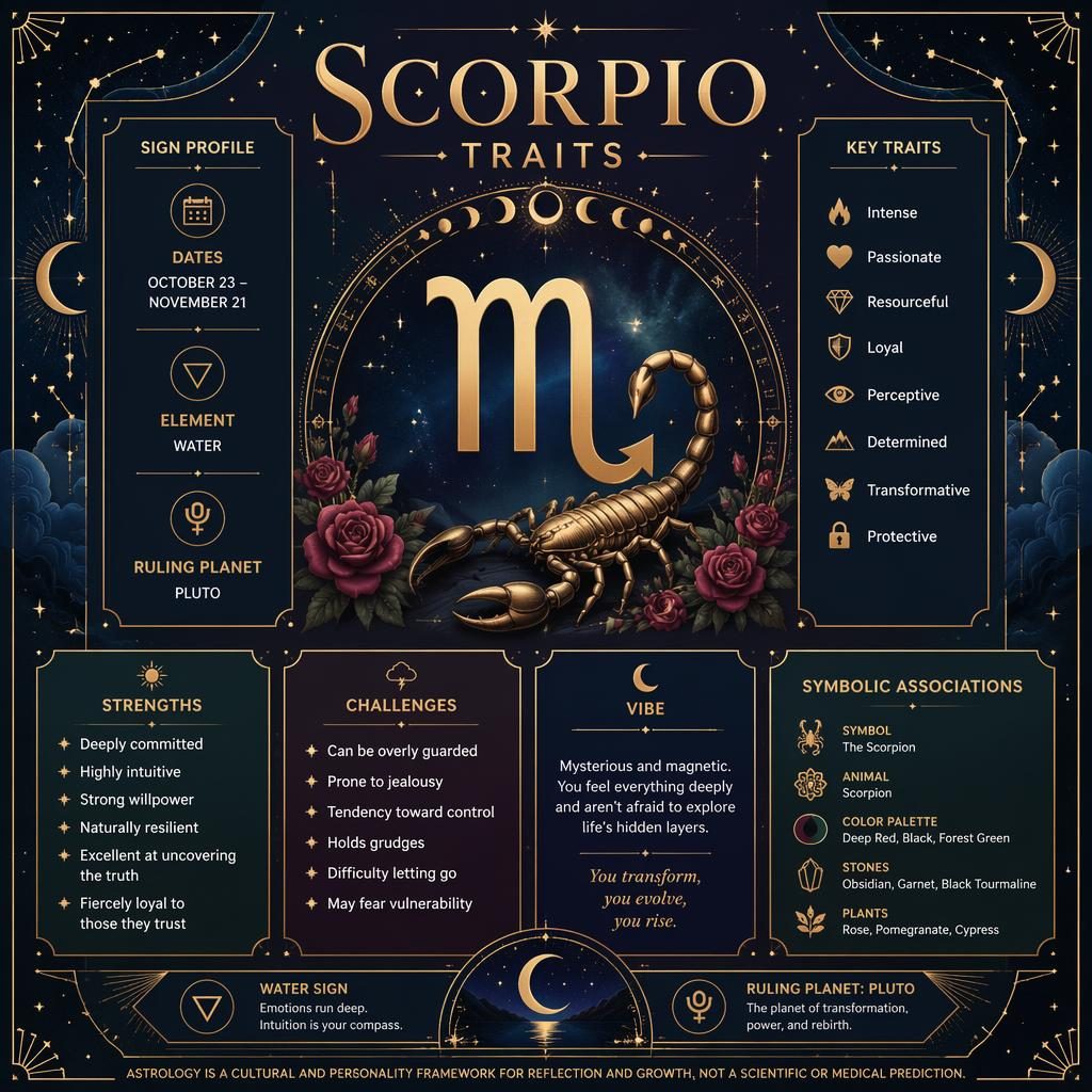 Mystical Scorpio traits infographic card with gold glyph, dates, element, ruling planet, traits, and celestial motifs.