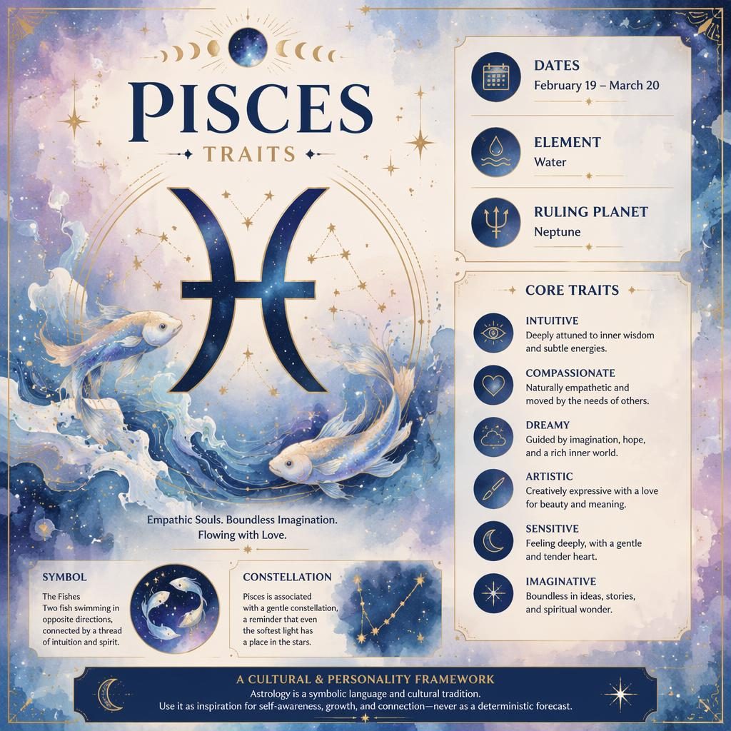 Pastel celestial Pisces traits infographic with glyph, dates, Neptune, water element, stars, moon phases, and gold accents.