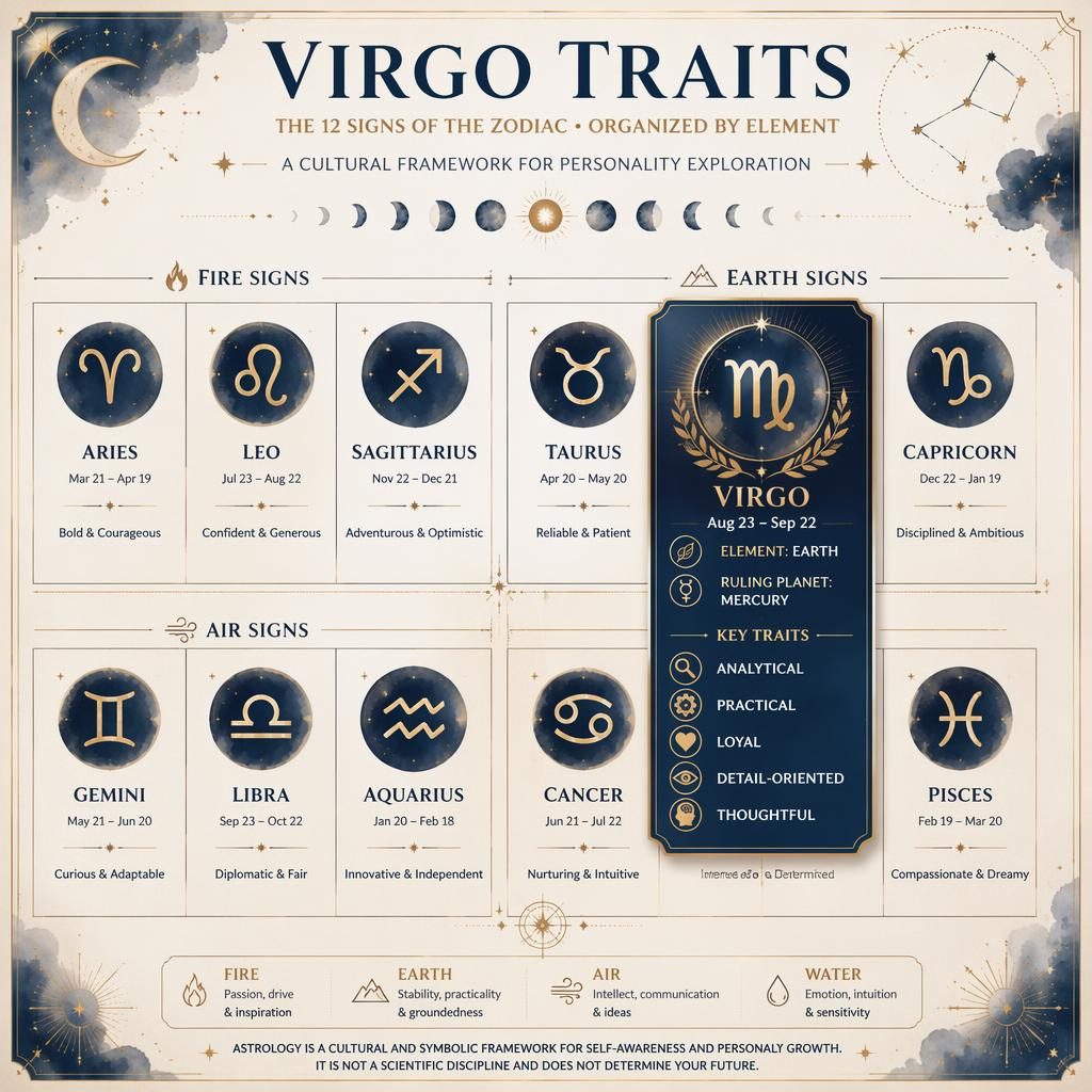 Zodiac infographic with 12-sign element grid, Virgo highlighted in Earth group with glyph, dates, Mercury, and traits.