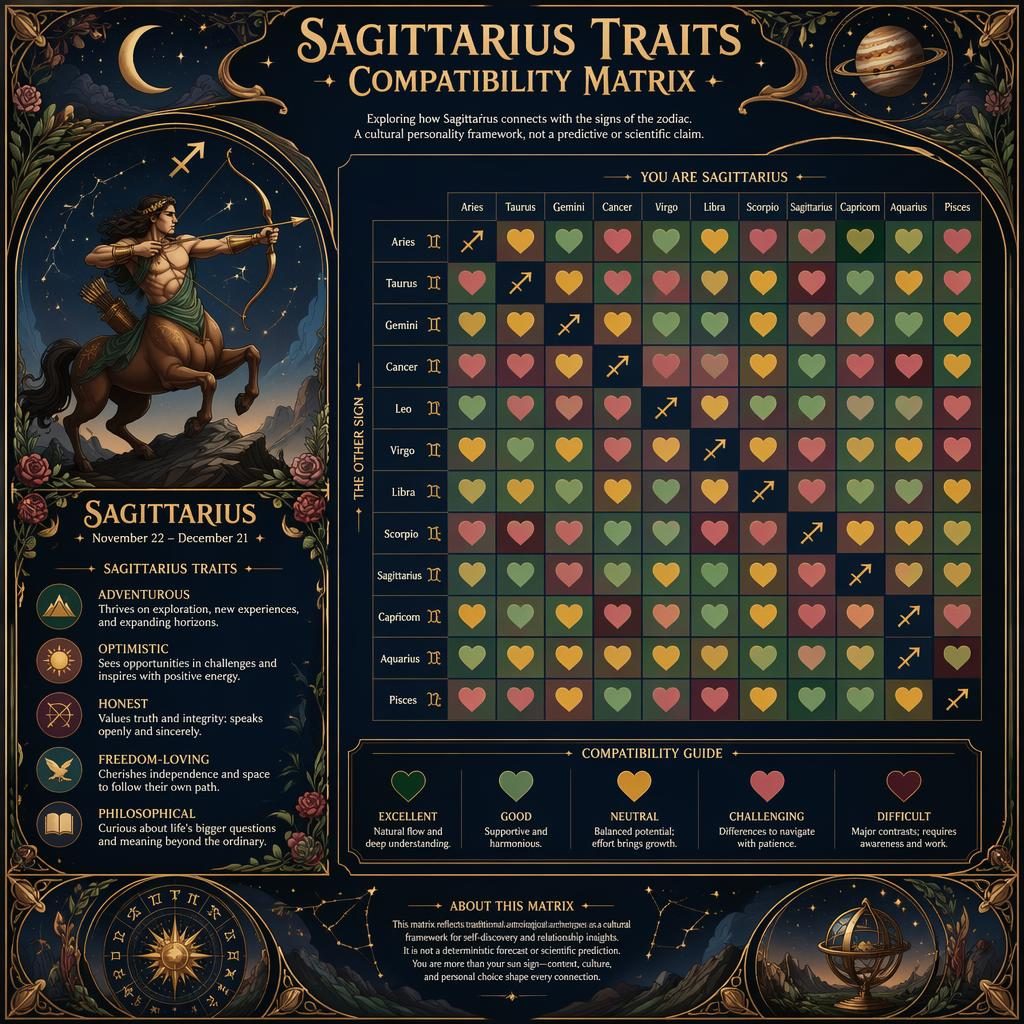 Art nouveau zodiac infographic showing a 12x12 compatibility heatmap with Sagittarius traits, celestial motifs, and blue gold rose tones.