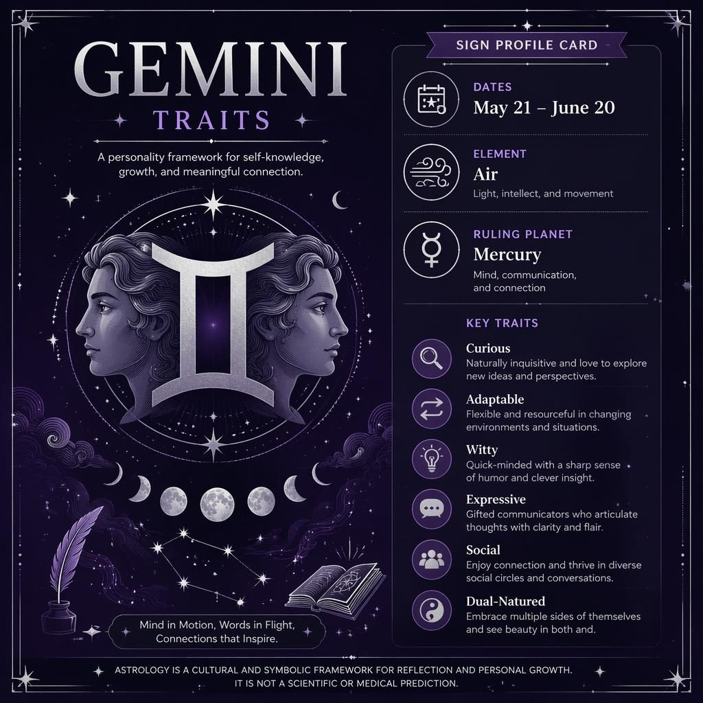 Gemini traits infographic with glyph, May 21–June 20 dates, Air element, Mercury, stars, moon phases, purple silver design