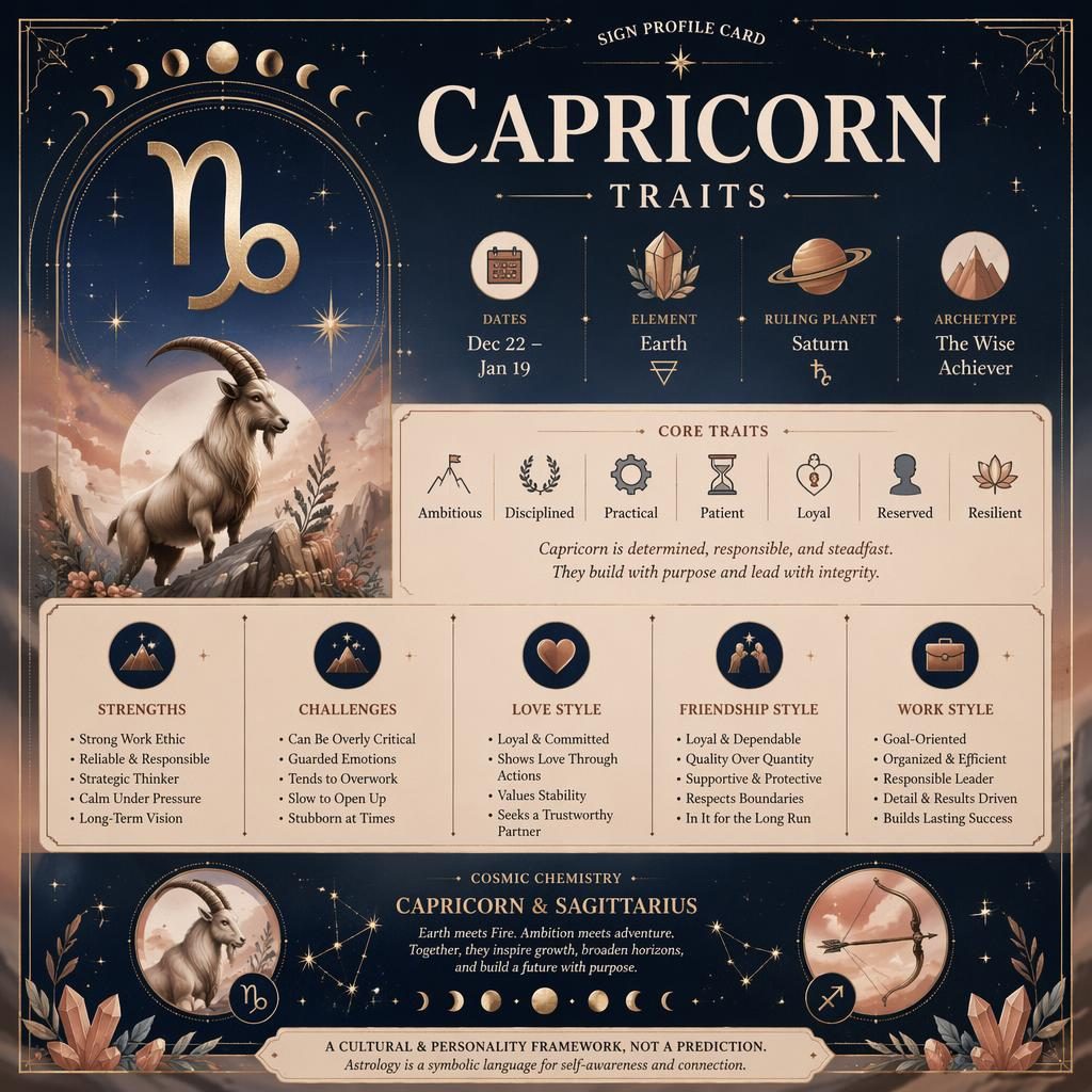 Infografía zodiacal de Capricornio con glifo, fechas 22 dic–19 ene, rasgos en inglés, estrellas, lunas y detalles celestes.
