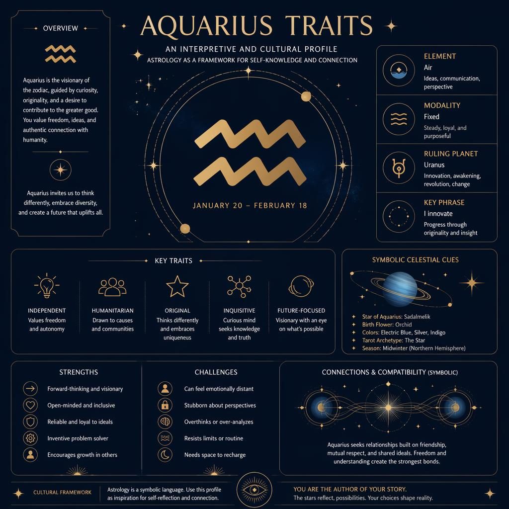 Minimal deep blue and gold Aquarius traits infographic with glyph, dates, Uranus, element, traits, stars, and orbit lines.