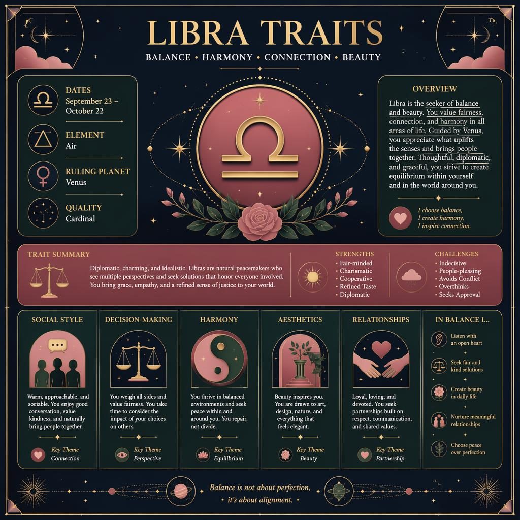 Minimalistická astrologická infografika o Vahách se symbolem znamení, sekcemi, hvězdami, orbitami a paletou růžové, lesní a modrozlaté.