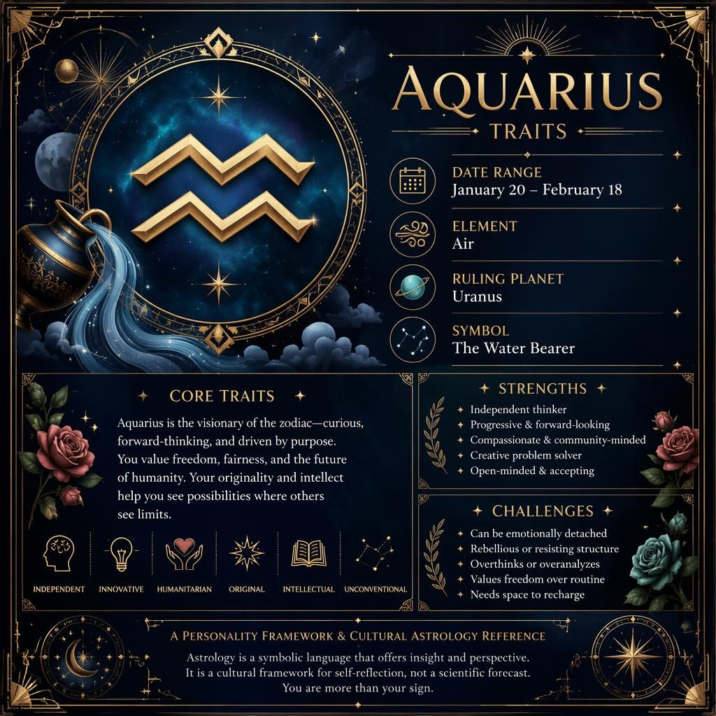 Aquarius traits infographic card with large glyph, dates, Air element, Uranus, traits, strengths, and challenges.