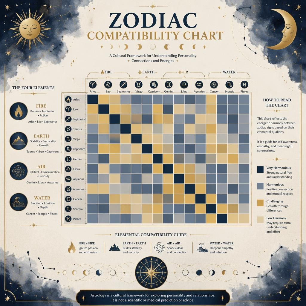 Mystical zodiac compatibility heatmap infographic in deep blue and gold, with 12 signs grouped by fire, earth, air, and water.