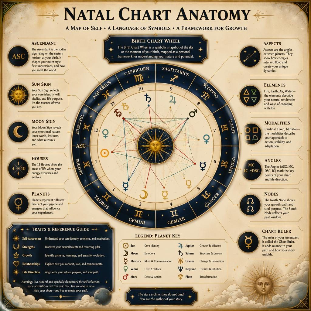 Infografía zodiacal estilo art déco con rueda natal central, detalles dorados, bordes geométricos y textura pergamino.