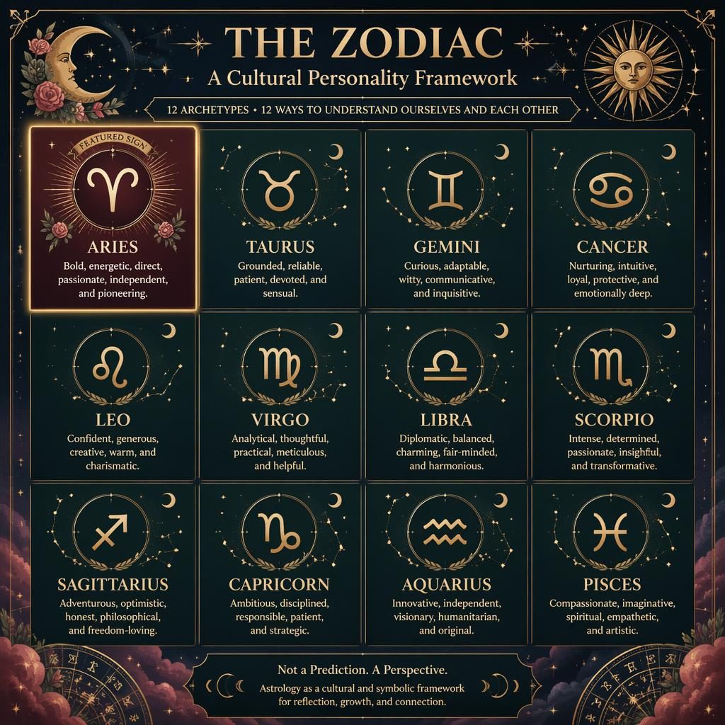 Editorial zodiac infographic in a 3x4 grid featuring all 12 signs, with Aries emphasized in rose, forest, blue, and gold.