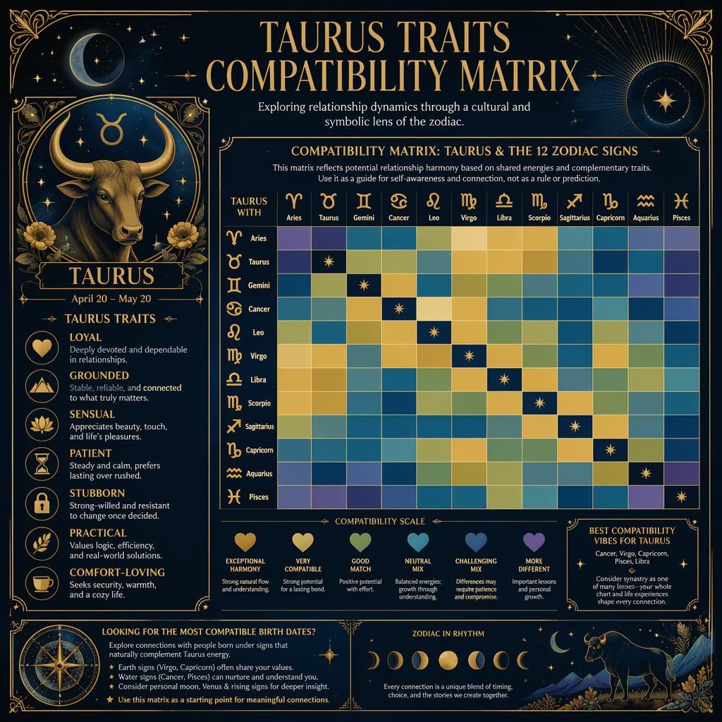 Art nouveau Taurus compatibility matrix heatmap in midnight blue and gold with zodiac signs, glyphs, moon phases, and trait labels.