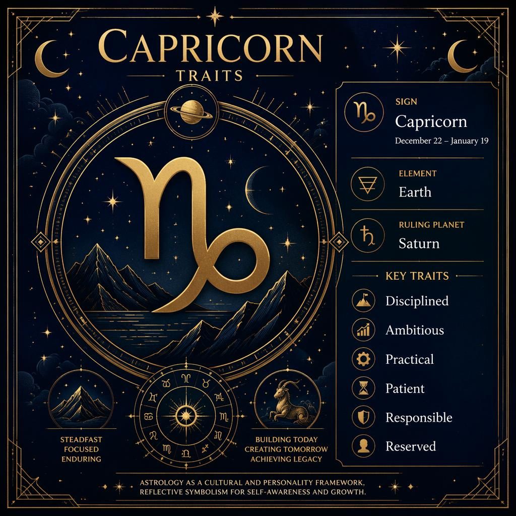 Deep blue and gold Capricorn traits infographic with glyph, Art Deco zodiac frame, stars, dates, element, Saturn, and traits.