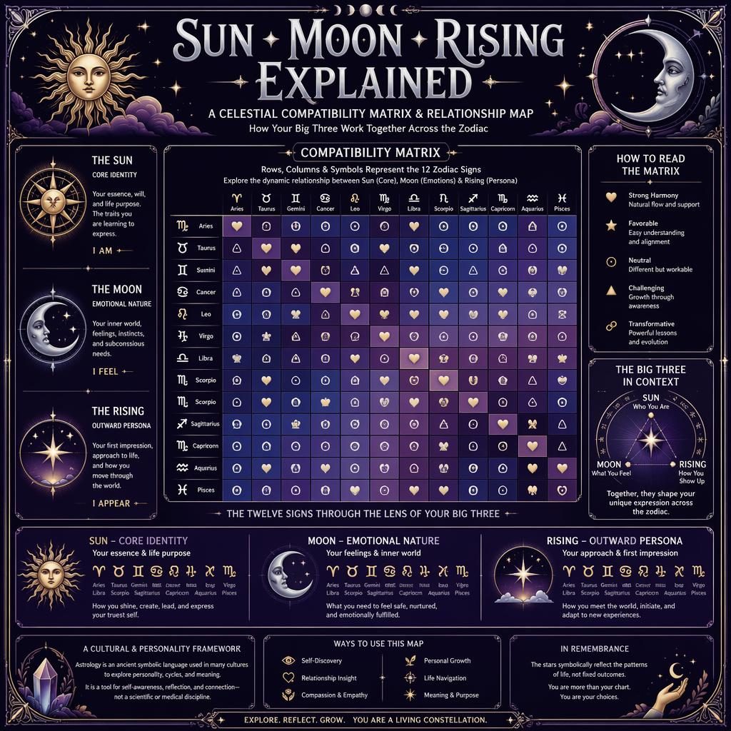 Celestial zodiac infographic with a 12×12 matrix comparing Sun, Moon, and Rising across all 12 signs in purple and silver.