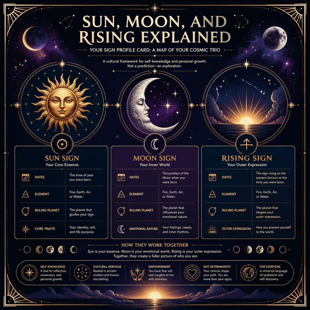 Infografía zodiacal en morado y dorado con Sol, Luna y Ascendente, glifos celestes, fases lunares y ornamentos art déco.