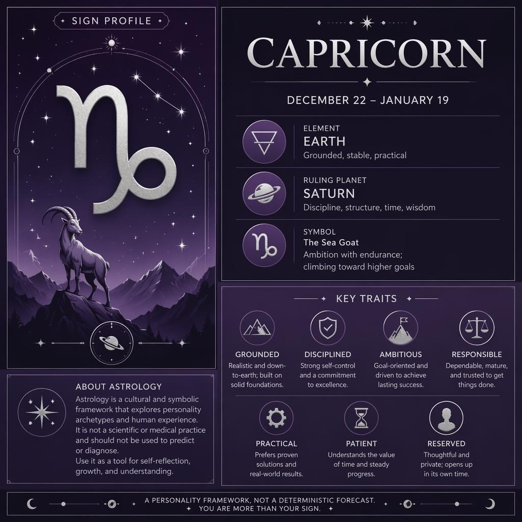 Infografía minimalista de Capricornio en morado oscuro y plata, con glifo, fechas, elemento, Saturno y rasgos clave.