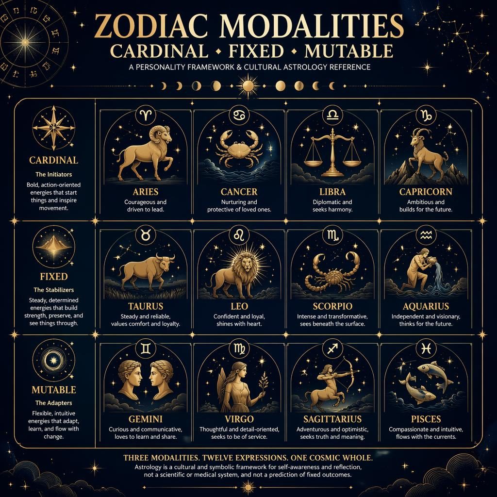 Midnight blue and gold zodiac infographic grid grouping 12 signs into Cardinal, Fixed, and Mutable with celestial accents.