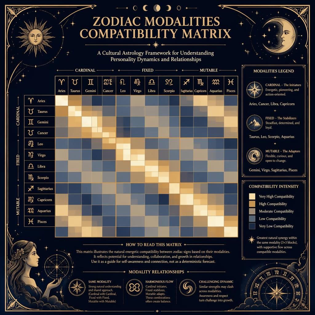 Monochrome celestial infographic with a 12x12 zodiac compatibility matrix, modality legend, zodiac names, glyphs, stars, and ornate borders.
