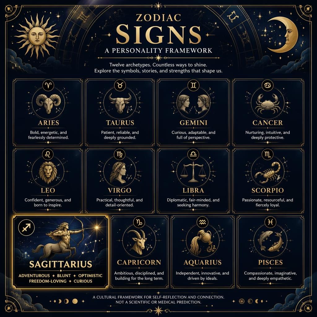 Infografía de 12 signos del zodiaco en cuadrícula, con Sagitario resaltado, fondo azul medianoche y detalles dorados.
