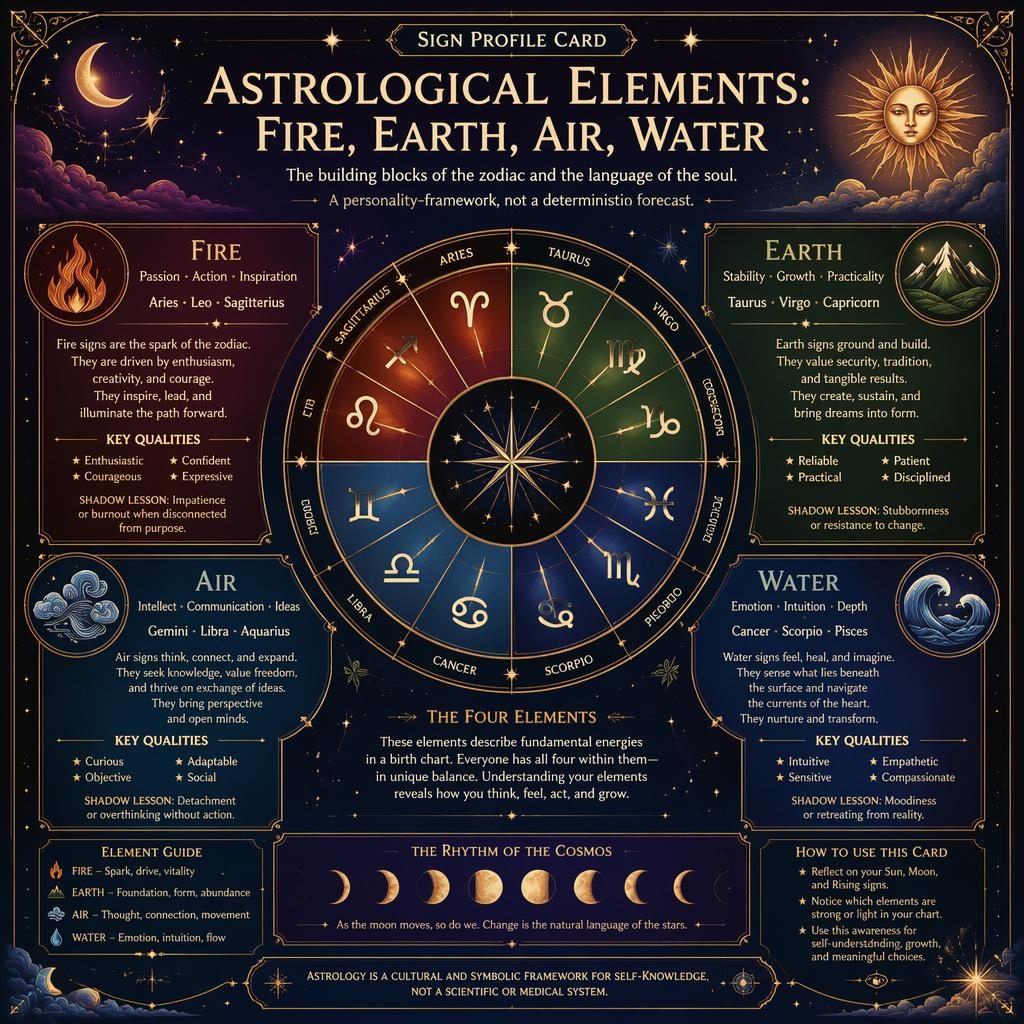 Vintage astrology infographic with zodiac wheel, Fire Earth Air Water sections, moon phases, stars, and celestial icons.
