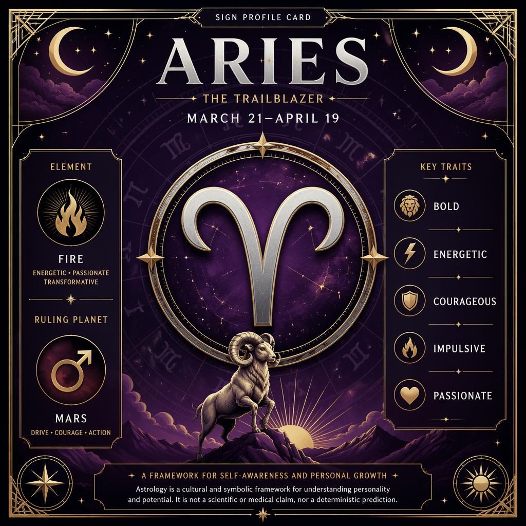 Infografía zodiacal de Aries con glifo central grande, marco Art Déco celestial, tonos púrpura y plata, acentos dorados y texto en inglés.