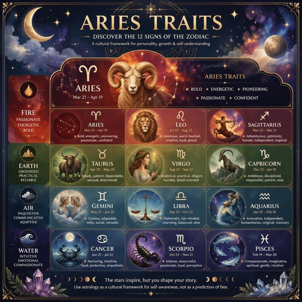 Infografía zodiacal mística con cuadrícula de 12 signos por elementos; Aries destacado en Fuego con glifo, carnero y constelación.