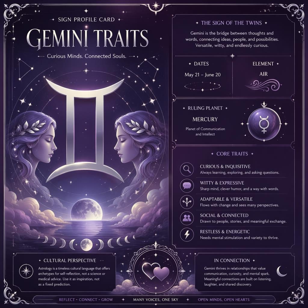 Pastel astrology infographic card for Gemini with glyph, dates, Mercury, traits, stars, moon phases, and silver borders.