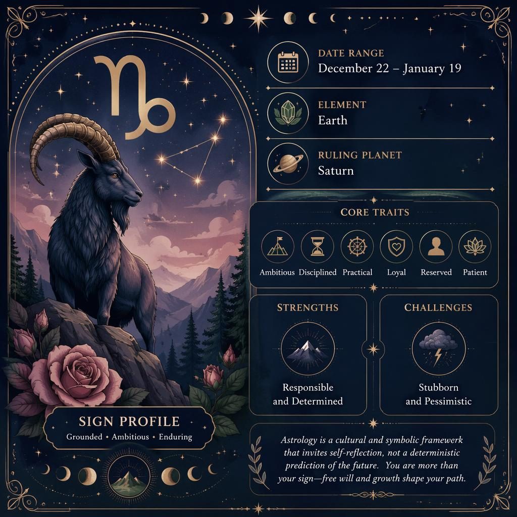 Infografía editorial de Capricorn con glifo, constelación, fases lunares, borde celestial y paleta pastel azul, rosa y dorado.