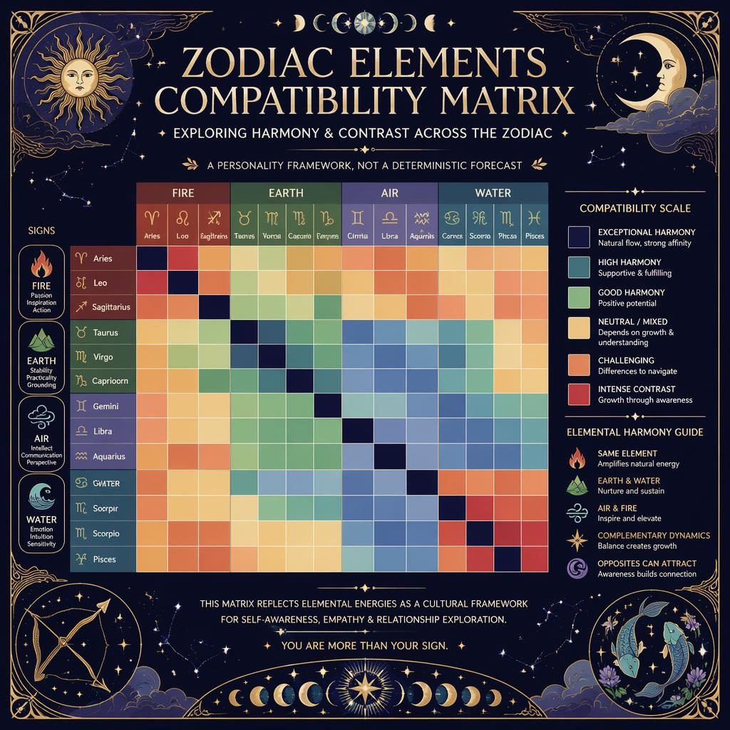 Art nouveau zodiac compatibility matrix heatmap with 12 signs, element groups, celestial legends, stars, moon phases, blue and gold.