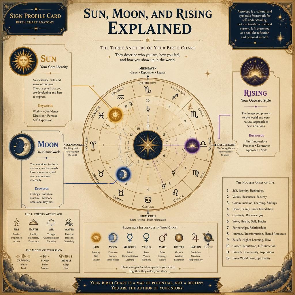 Vintage astrology infographic with natal chart wheel, labeled Sun Moon Rising anchors, celestial icons, and ornate borders.