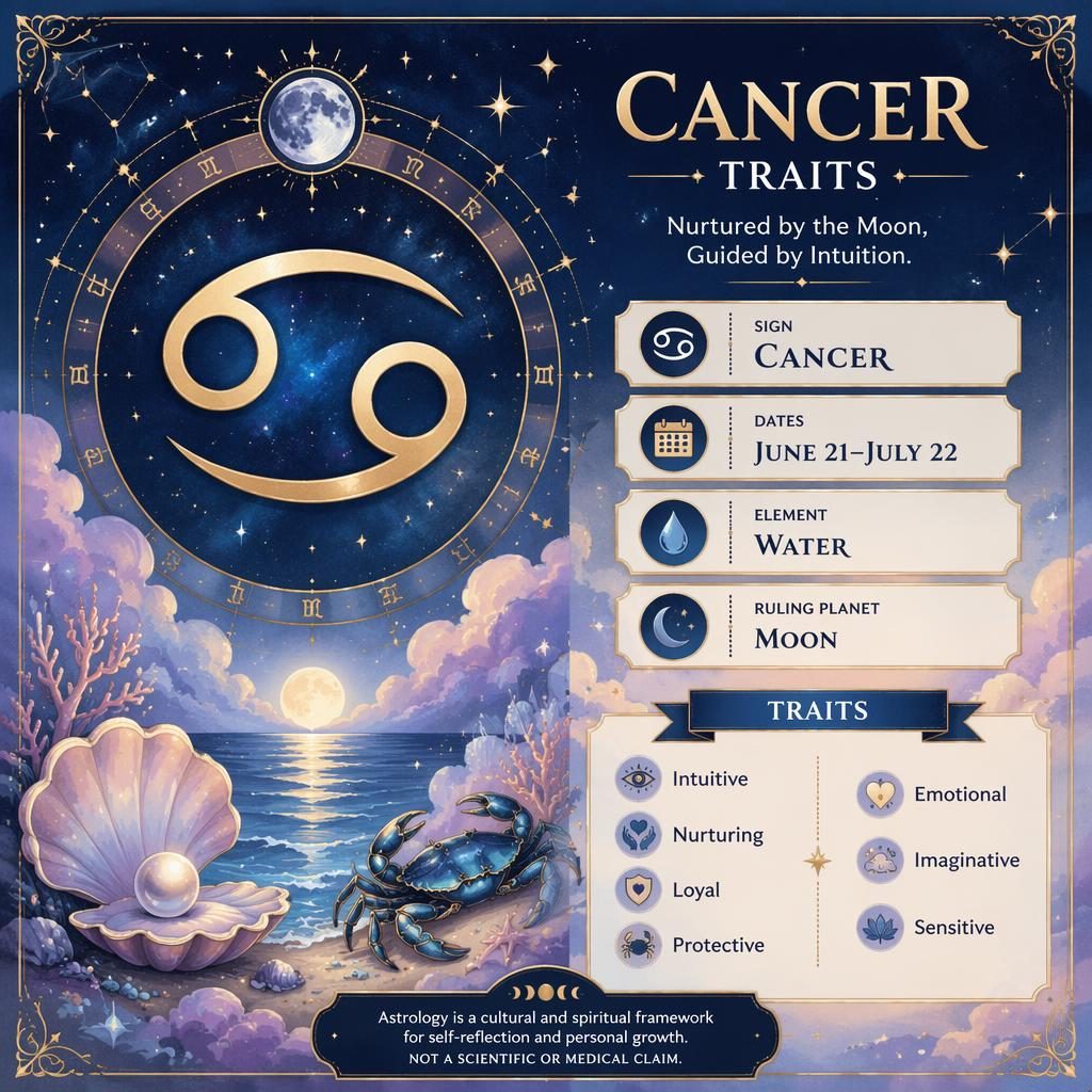Infografía del signo Cáncer con glifo central, rueda zodiacal, estrellas, nubes, conchas y detalles lunares en azul y dorado.