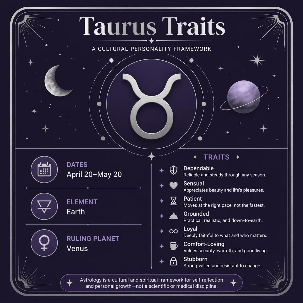 Minimal Taurus traits infographic card with Taurus glyph, April 20–May 20, Earth, Venus, and deep purple celestial design.