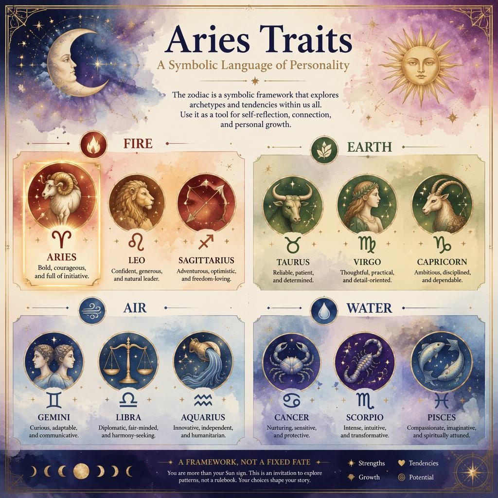Pastel celestial zodiac infographic showing all 12 signs by element, with Aries highlighted in the Fire group.