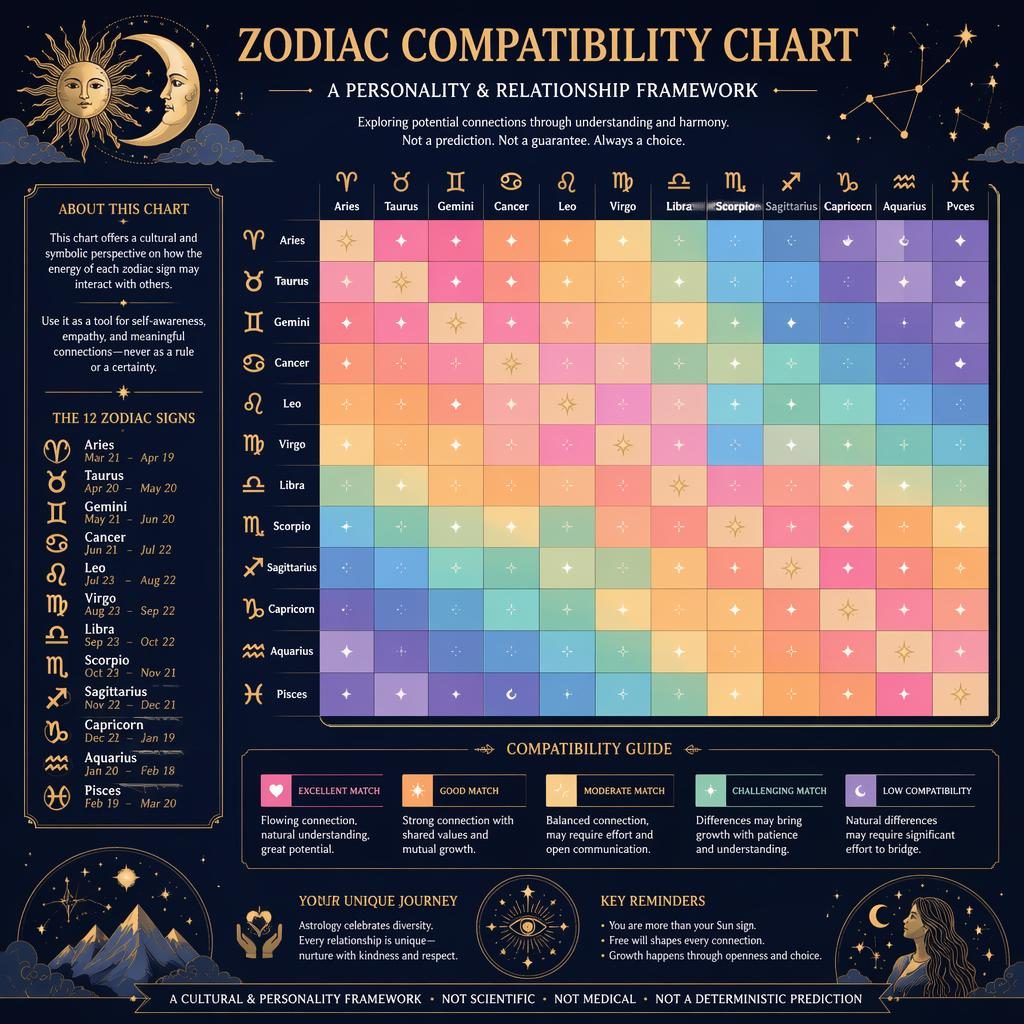 Infographie astrologique minimaliste : matrice 12×12 des signes du zodiaque, palette bleu nuit et or, légende subtile.