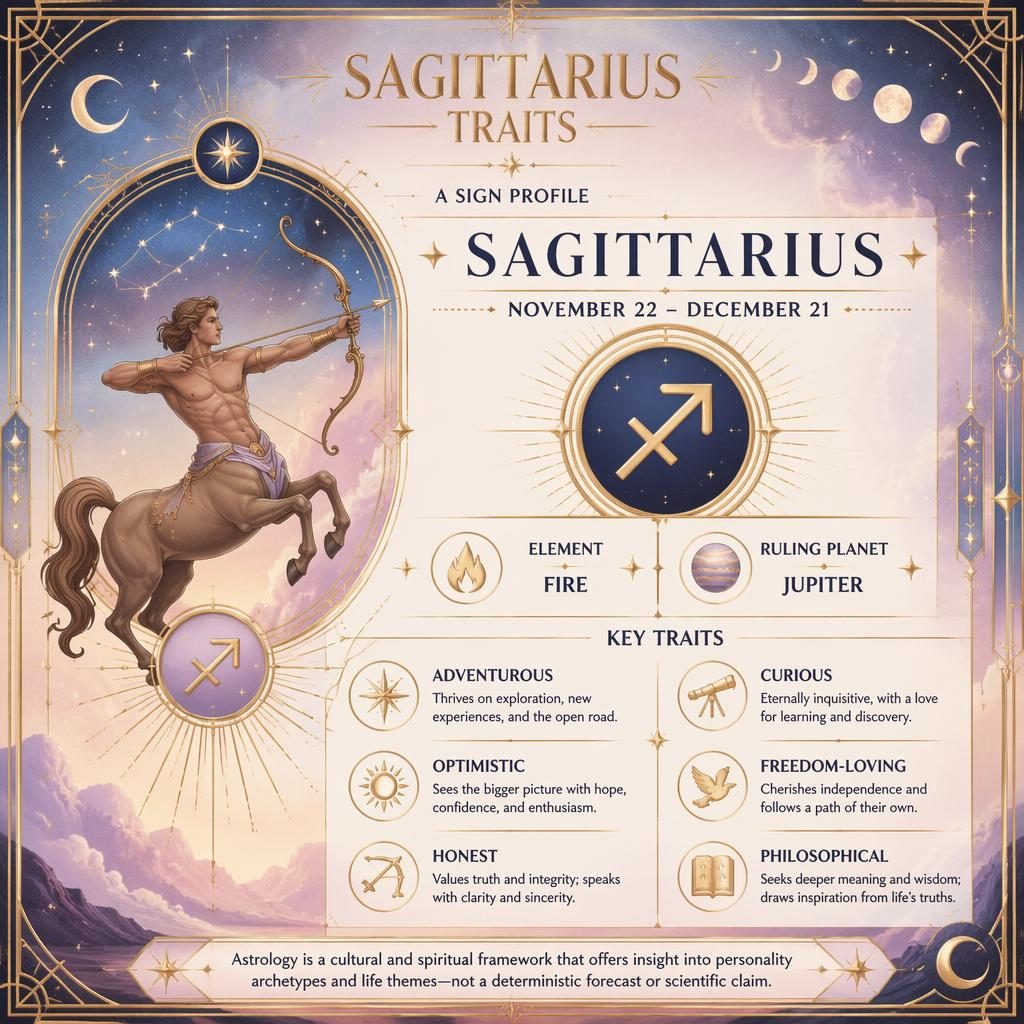 Art deco pastel celestial infographic card for Sagittarius traits with glyph, dates, Fire element, Jupiter, stars and gold borders.