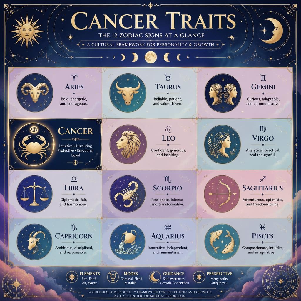 Pastel celestial zodiac infographic in a 3x4 grid with Cancer highlighted, sign traits, star charts, moon phases, and gold accents.