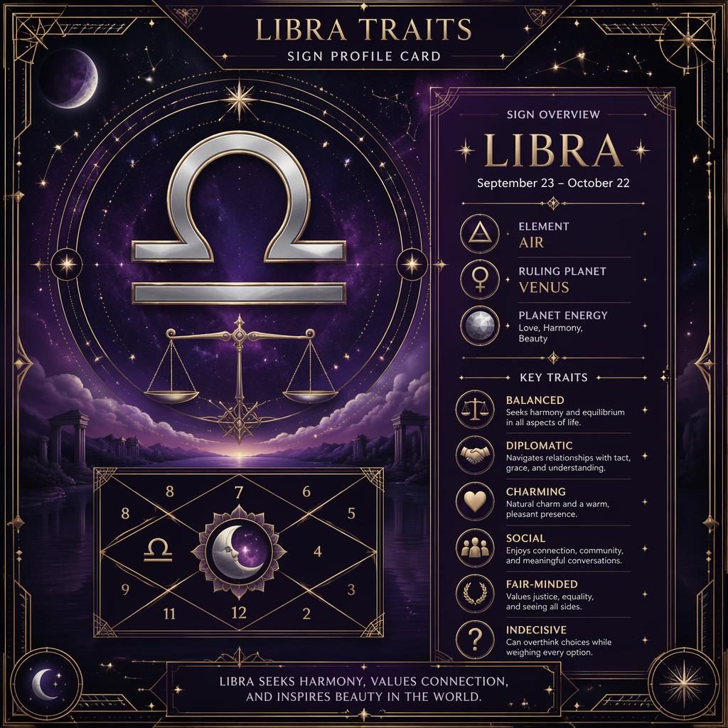 Libra traits infographic with Libra glyph, dates, Venus, element, constellation lines, and purple silver art deco design