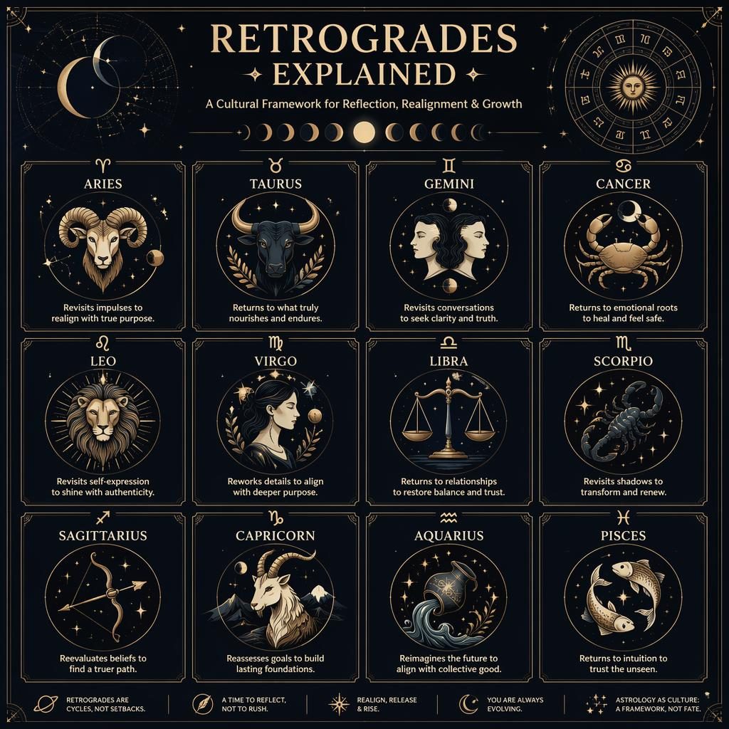 Elegant 12-sign zodiac grid infographic with celestial icons, constellation lines, lunar phases, and blue-gold accents.
