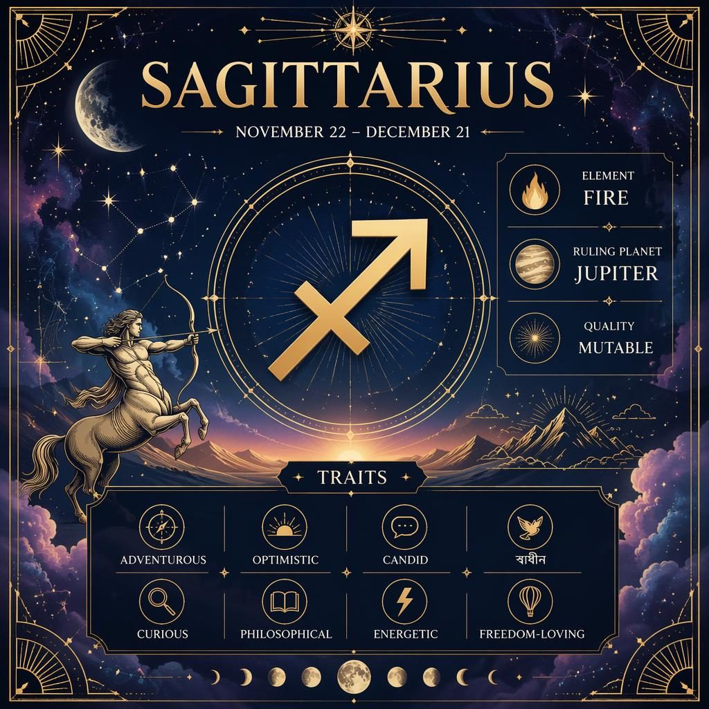 Infographie astrologique Art déco sur le Sagittaire, avec glyphe central, Jupiter, élément Feu, dates et traits en anglais.