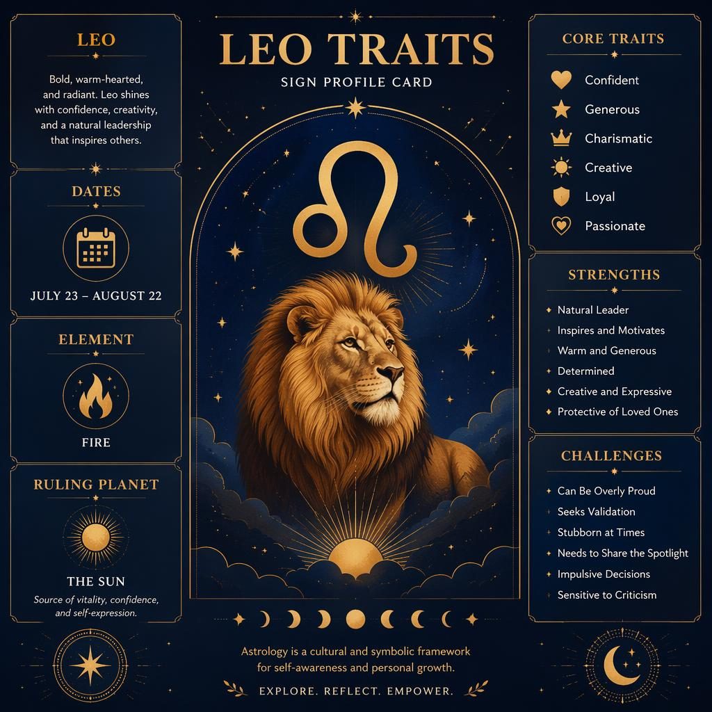 Infografía zodiacal de Leo con glifo central, fechas, elemento, planeta regente, rasgos y motivos celestes en azul y oro.