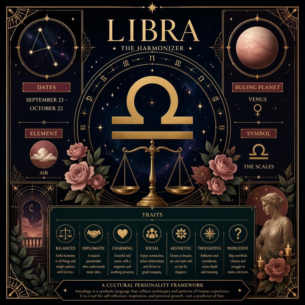Art deco Libra zodiac infographic with gold glyph, scales motif, constellation, rose and forest palette, deep blue accents.