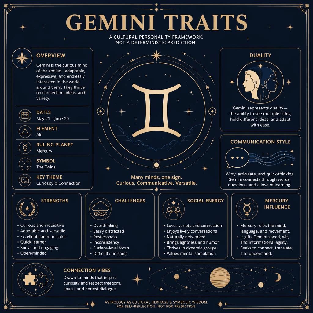 Infografía zodiacal minimalista de Géminis con glifo central, Mercurio, fechas, rasgos y motivos celestes en azul oscuro y dorado.
