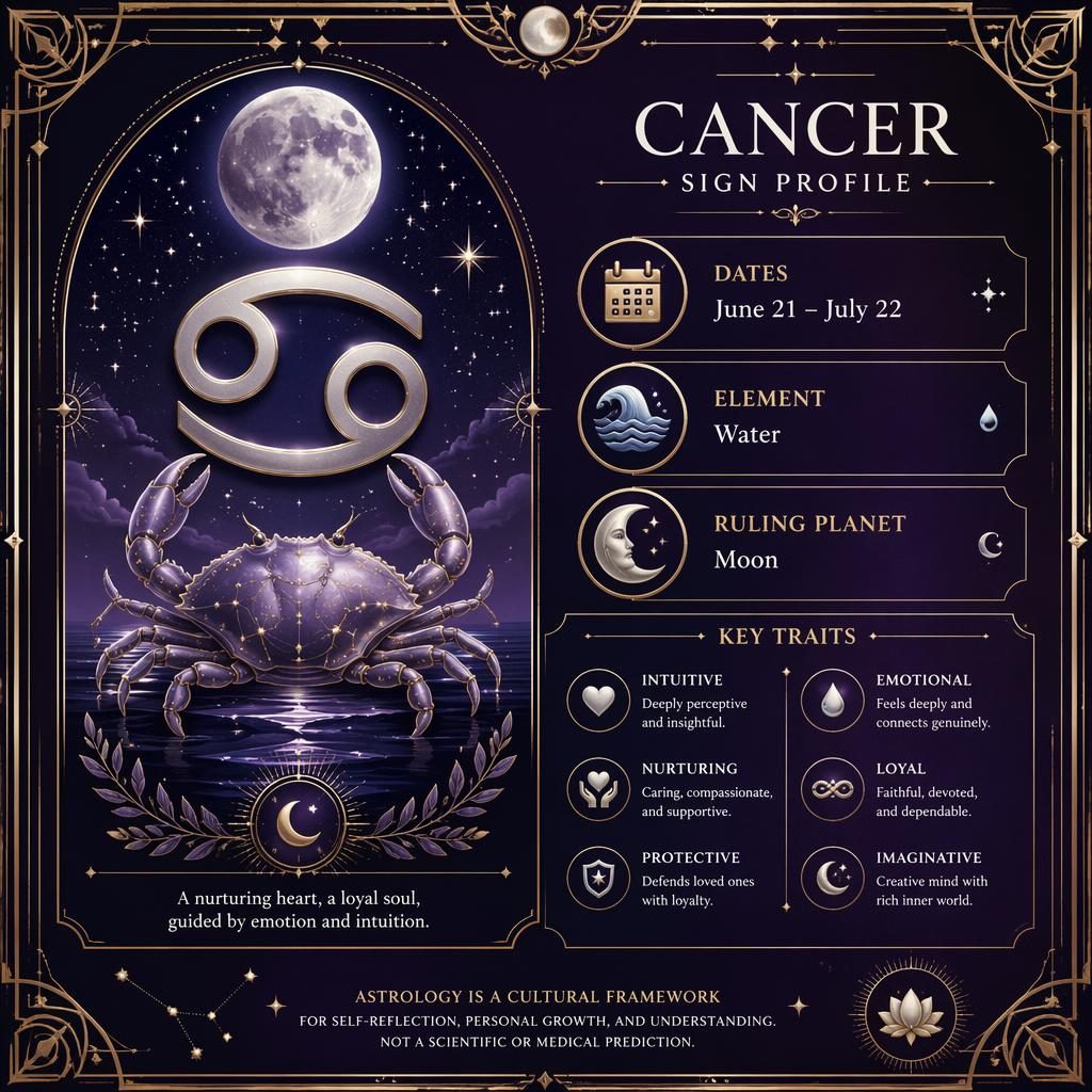 Tarjeta infográfica del signo Cáncer con glifo central, fechas, elemento agua, luna regente y rasgos sobre fondo cósmico violeta.