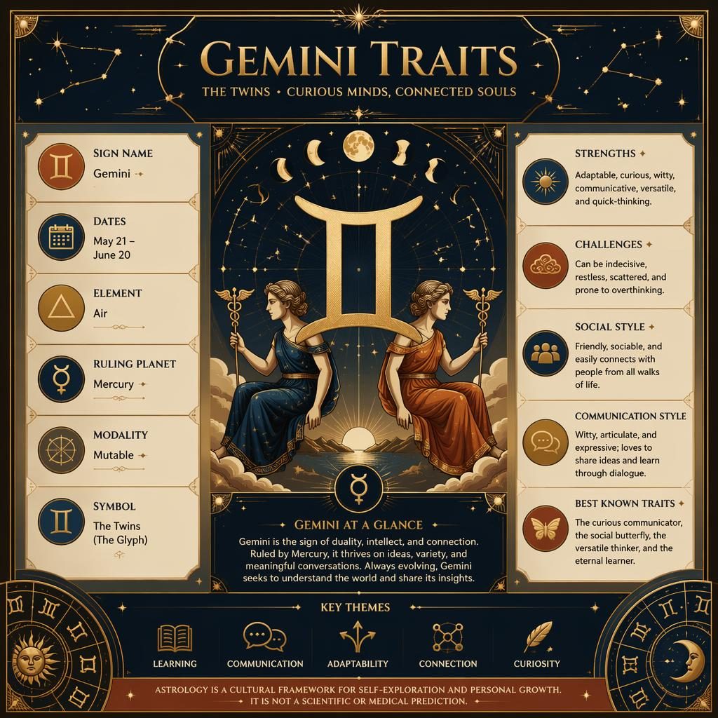 Editorial zodiac infographic card for Gemini with gold glyph, traits sections, celestial charts, moon phases, and blue earth tones.