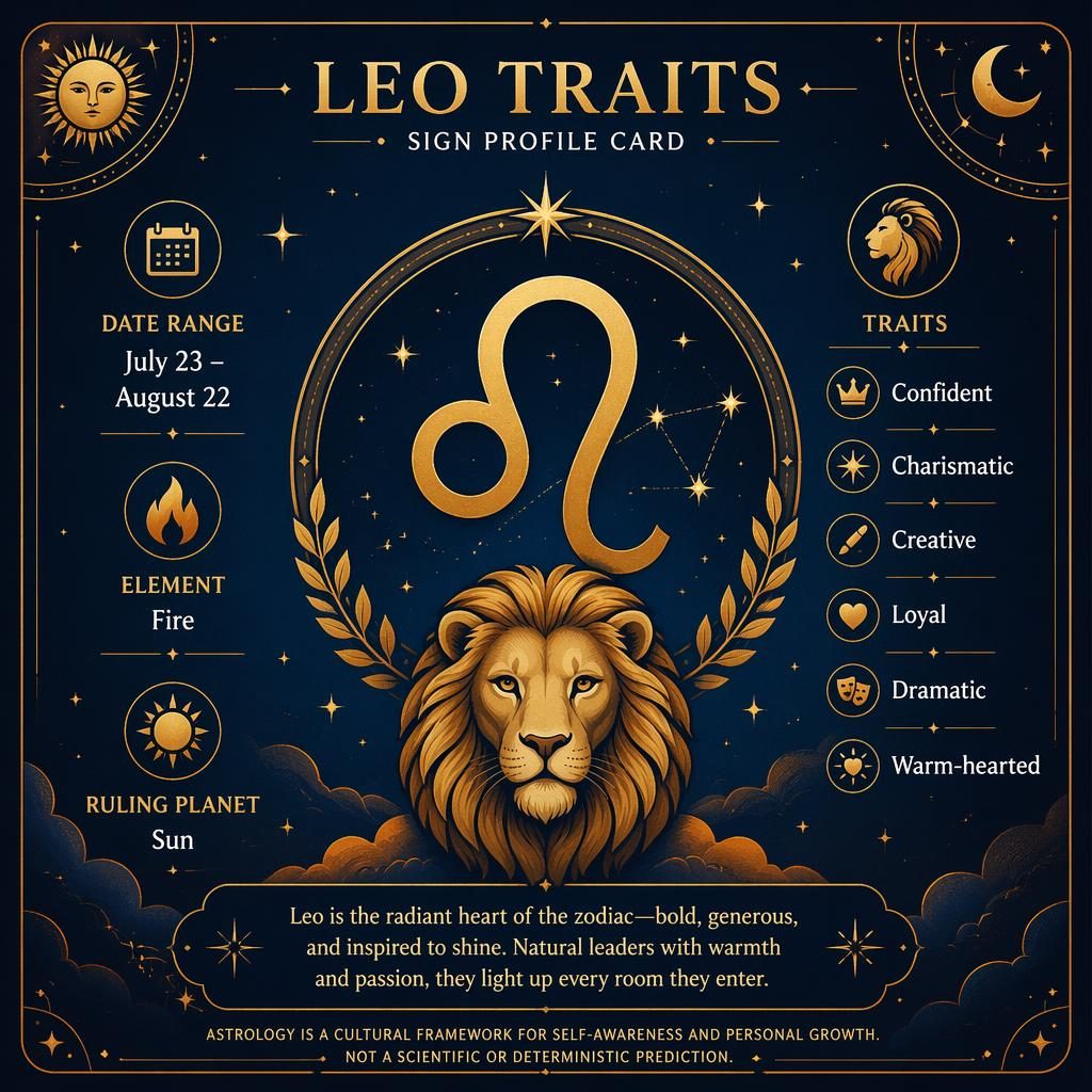 Deep blue and gold Leo traits infographic card with Leo glyph, July 23–August 22, Fire, Sun, and trait icons.