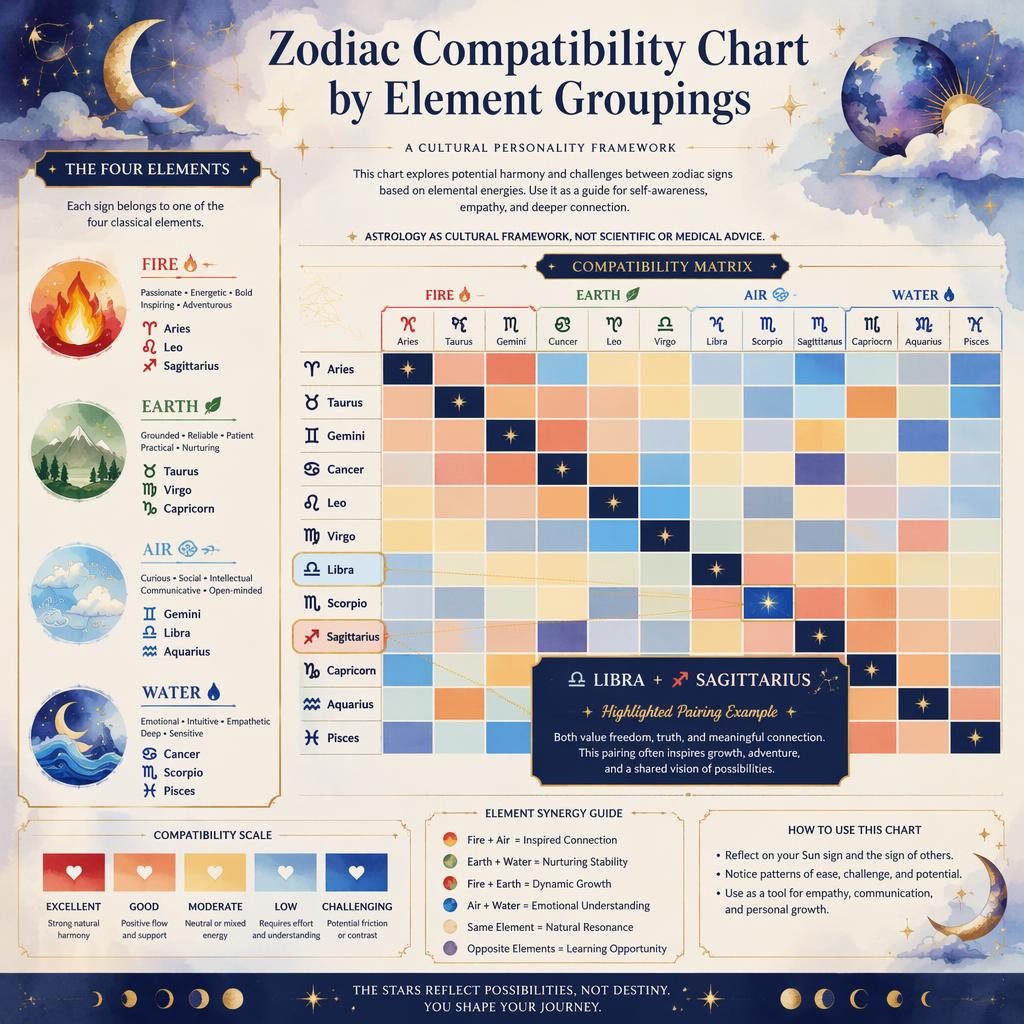 Infografía zodiacal con matriz 12x12 por elementos, estilo acuarela celestial, destacando hombre libra mujer sagitario.