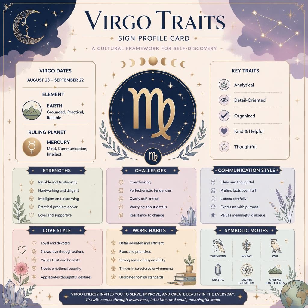 Pastel Virgo traits infographic card with Virgo glyph, dates, Earth element, Mercury ruler, traits, stars, moons.