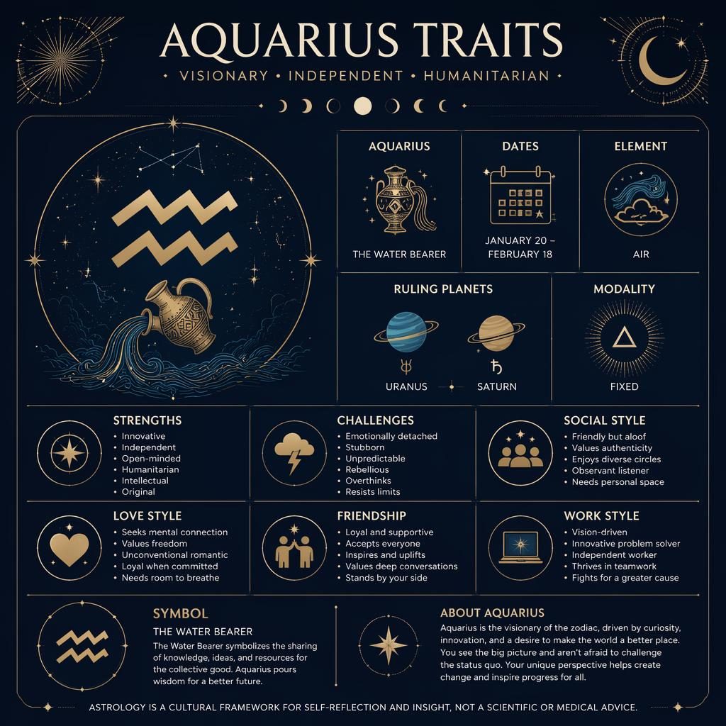 Infografía zodiacal de Acuario en azul noche y dorado, con glifo central, estrellas, constelaciones y secciones de rasgos