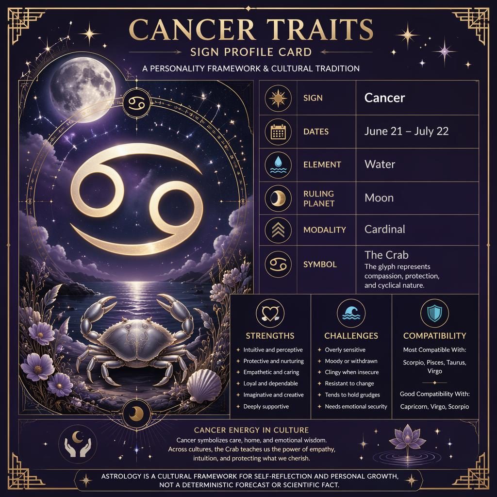 Art Deco zodiac report infographic for Cancer with glyph, dates, water element, Moon, traits, and moonlit celestial accents.