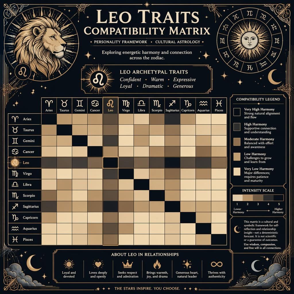 Infographie astrologique Art nouveau : matrice de compatibilité 12×12 du Lion, palette monochrome bleu profond et or, légende claire et symboles célestes.